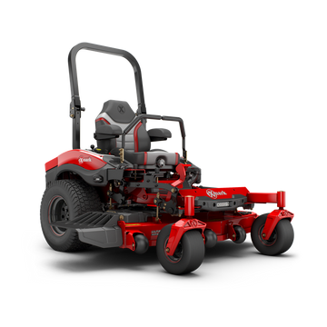 A red zero-turn lawn mower with a roll bar, black seat, and large tires, designed for heavy-duty grass cutting, shown on a plain white background.