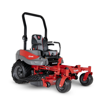 A red and gray zero-turn lawn mower with a roll bar, large rear tires, and a cushioned seat, designed for efficient grass cutting on large lawns.