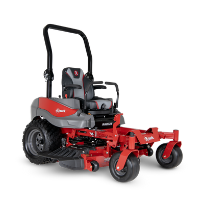 A red and gray zero-turn lawn mower with a roll bar, large rear tires, and a cushioned seat, designed for efficient grass cutting on large lawns.