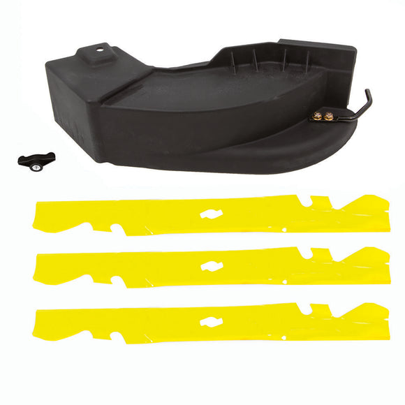 Black mower deck cover with three yellow blades for lawn care, durable and efficient replacement parts.