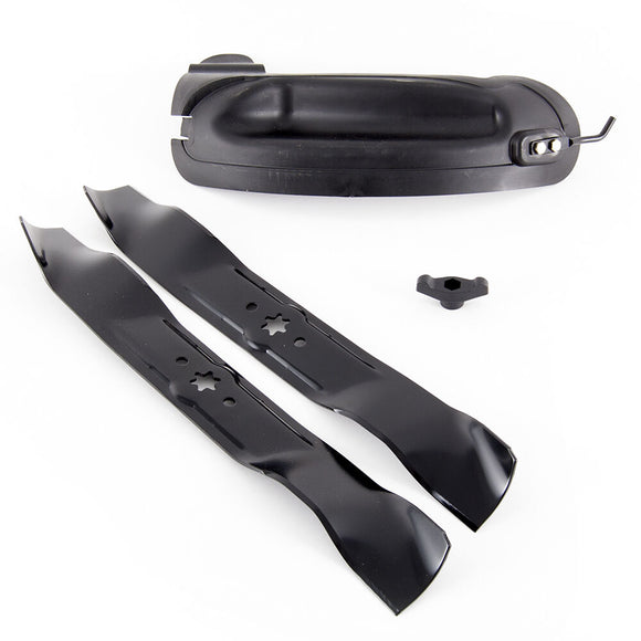 Black lawn mower blade set with two replaceable blades and a blade adapter for improved cutting performance.