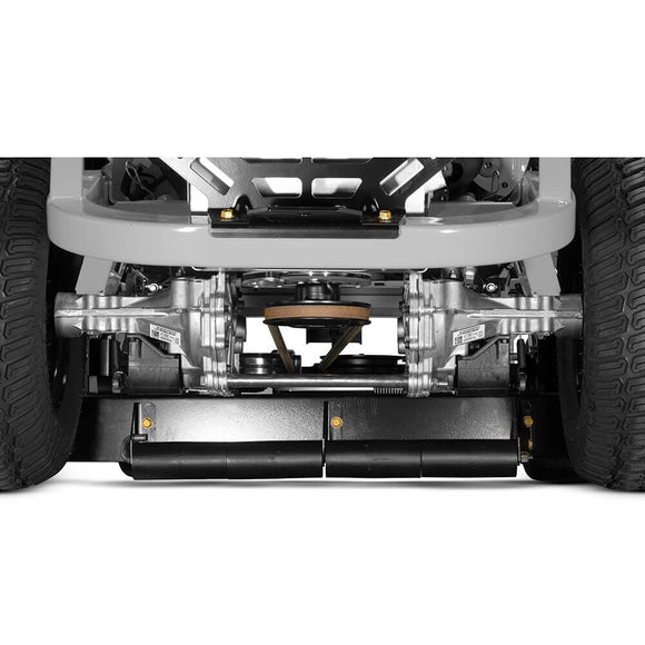 Close-up of the lawn mower's cutting deck and drive system, featuring durable metal components.