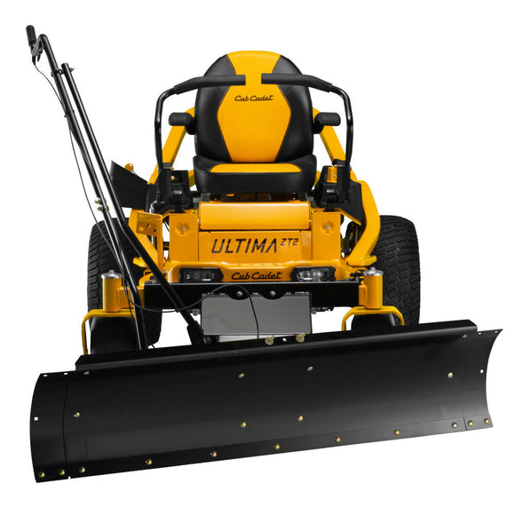 A yellow Cub Cadet Ultima ZT2 lawn mower is pictured from the front with a 52-inch All-Season Plow Blade Attachment mounted as a large black snow plow—showcasing how this accessory adds versatility to your mower.