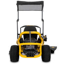 Yellow riding lawn mower with a protective canopy and powerful engine for efficient grass cutting.