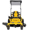 Cub Cadet Ultima ZTR, yellow riding lawn mower with ergonomic seat and sunshade, durable design.