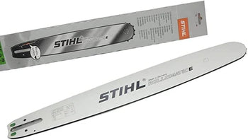 STIHL Rollomatic E chainsaw bar, silver color, designed for durability and precision cutting.
