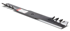 Black lawn mower blade, made of durable steel, featuring serrated edges for efficient cutting.