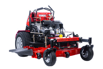 Bradley Mowers commercial lawn mower, red and black, featuring a powerful engine and durable construction.