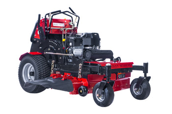 Red commercial lawn mower with powerful engine and heavy-duty wheels for efficient grass cutting.