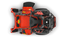 Top view of a red zero-turn lawn mower with ergonomic seat and premium features for efficient lawn care.