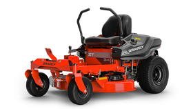 Gravely ZT 34-inch zero-turn lawn mower in orange and black with comfortable seating and robust design.