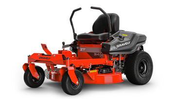 Gravely ZT 34-inch zero-turn lawn mower in orange and black with comfortable seating and robust design.