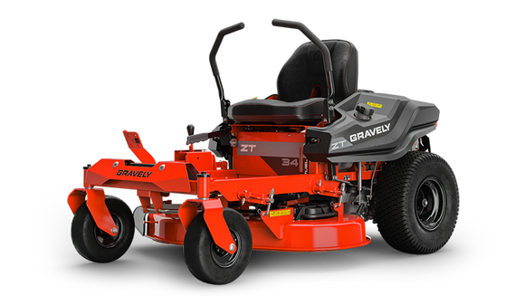 Gravely ZT 34-inch zero-turn lawn mower in orange and black with comfortable seating and robust design.