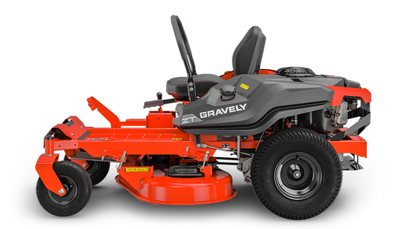 Gravely ZT zero-turn lawn mower with dual seats, red deck, and durable steel frame for efficient mowing.