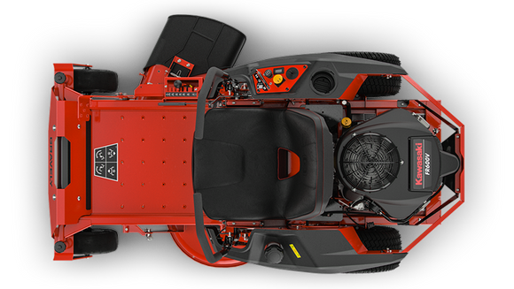 Top view of red zero turn mower with a black seat and Kawasaki engine, featuring user-friendly controls.
