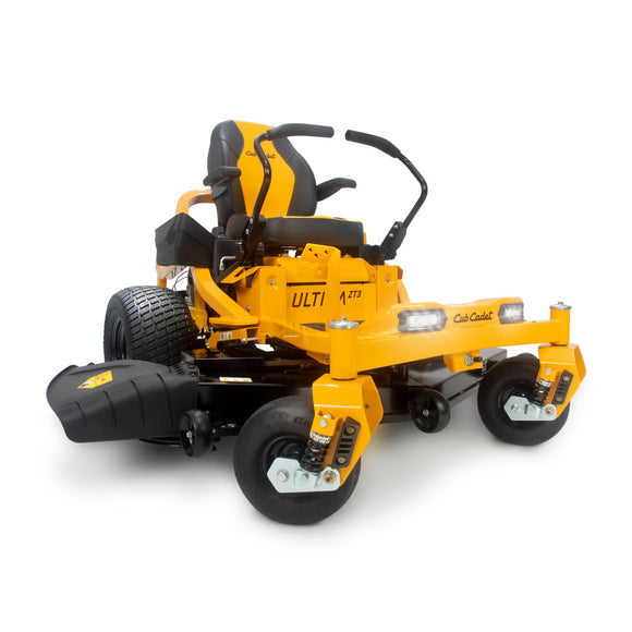 Cub Cadet Ultima ZT3 yellow zero-turn riding mower with ergonomic seat and powerful cutting deck.