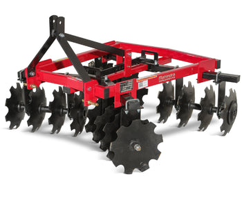 Mahindra red agricultural disc harrow, durable steel construction, equipped with 12 sharp discs for efficient tilling.
