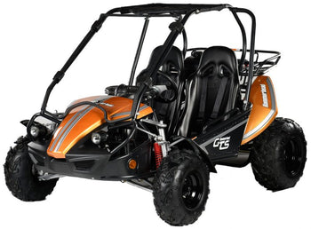 Orange and black go-kart with two seats, off-road tires, and sporty design for outdoor adventures.