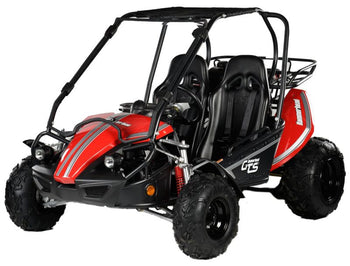 Red off-road go-kart with black seats, rugged tires, and sturdy frame for adventure seekers.