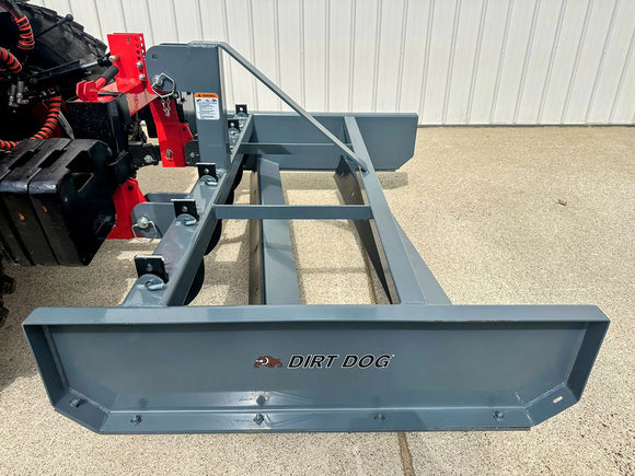 Dirt Dog gray landscape scraper attachment with durable frame, designed for heavy-duty outdoor use.