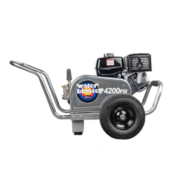 Water blaster pressure washer, 4200 PSI, stainless steel frame, wheeled for mobility, ideal for tough cleaning tasks.