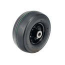 Black rubber caster wheel with 350 mm diameter and metal bearing for smooth mobility and durability.