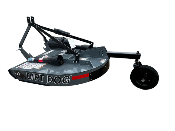 Dirt Dog rotary mower in gray, featuring durable construction and adjustable height for effective mowing.