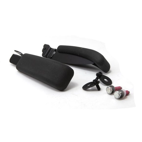Black armrest set with hardware, featuring durable foam padding for comfort and easy installation.