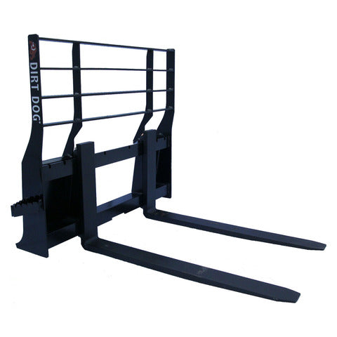 Dirt Dog pallet forks, heavy-duty black steel construction with adjustable frame for versatile lifting tasks.