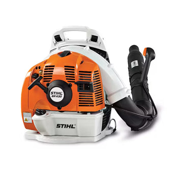 STIHL BR 430 backpack blower in orange and white, powerful leaf blower with ergonomic design and efficient engine.