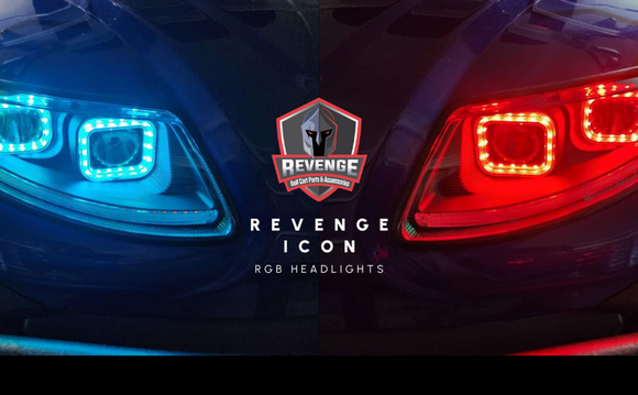 Revenge Icon RGB headlights in blue and red, high-quality LED lights for enhanced visibility.