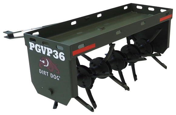 Dirt Dog PGVP36 tiller, green color, durable steel construction, designed for heavy-duty gardening tasks.