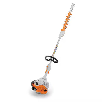 Gas-powered hedge trimmer with long blade, ergonomic handle, and vibrant orange and white design.