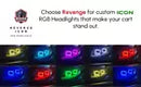 Custom ICON RGB headlights in various colors for carts, enhancing visibility and style.