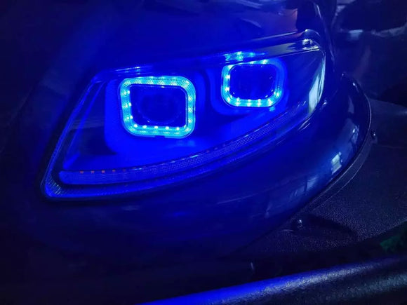 Blue LED car headlight showcasing bright illumination and modern design features.