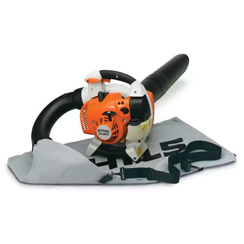STIHL BG 56C petrol leaf blower in orange and black, includes collection bag for easy debris disposal.